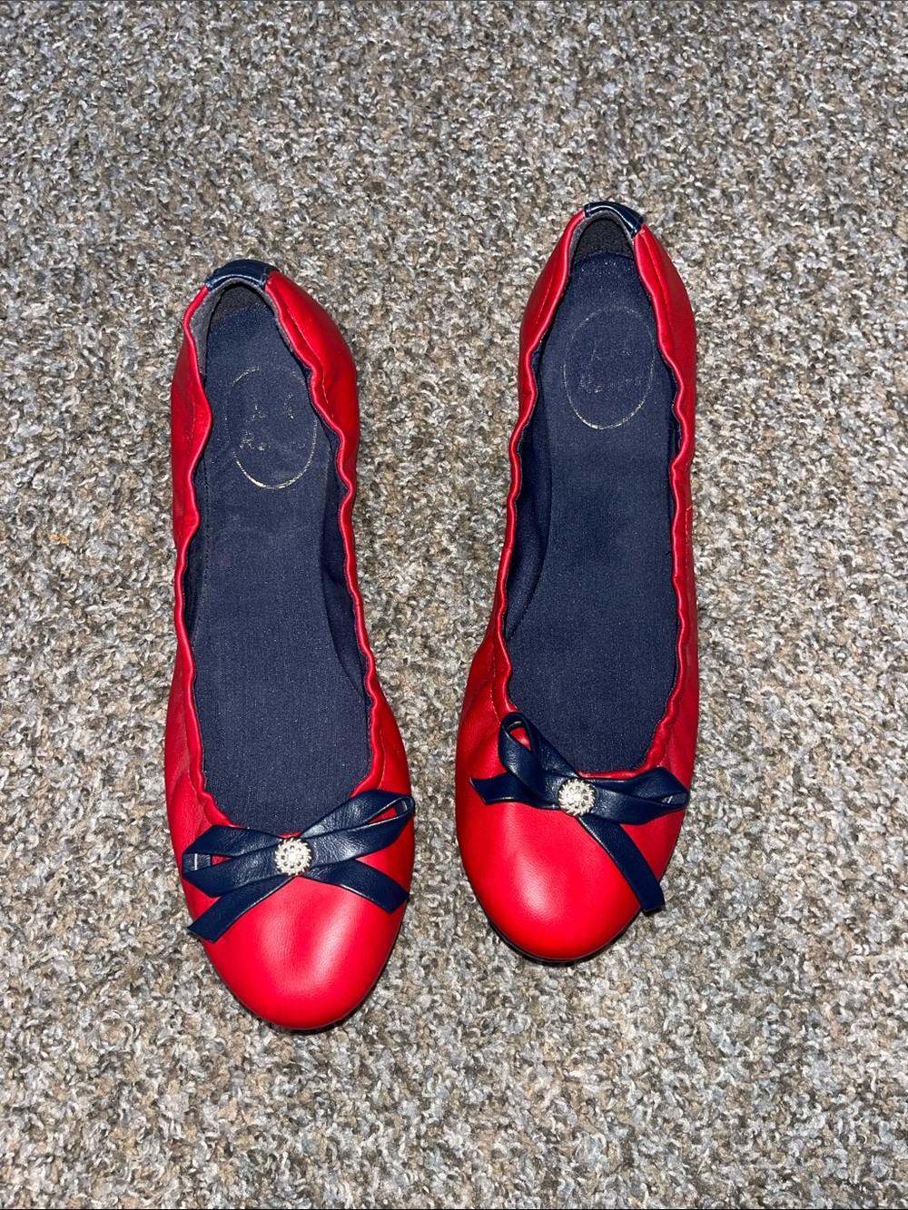 JACK ROGERS Red Ballet Flats with Navy Bow Accent